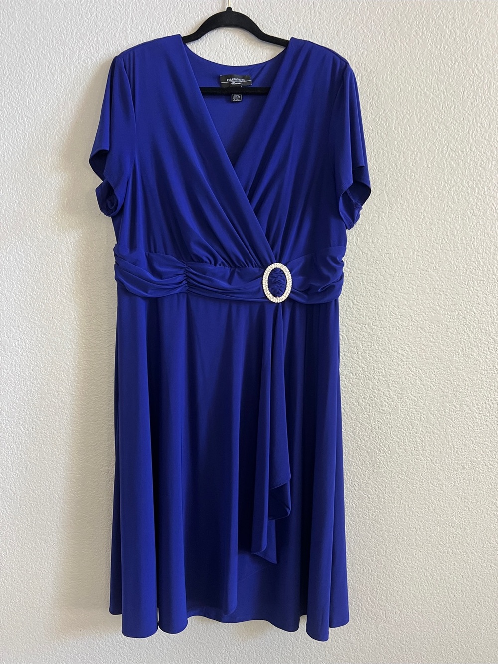 R&M Richards Sapphire Blue Faux-Wrap Dress with Rhinestone Buckle Size 20